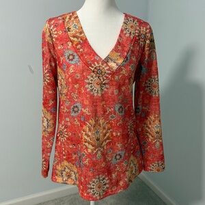 NoraCora SZS Floral V-Neck Long Sleeve Tunic Top - Orange